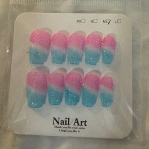 Pink Blue Ombre Glitter Medium Square‎ Press On Nails - 10pc Set